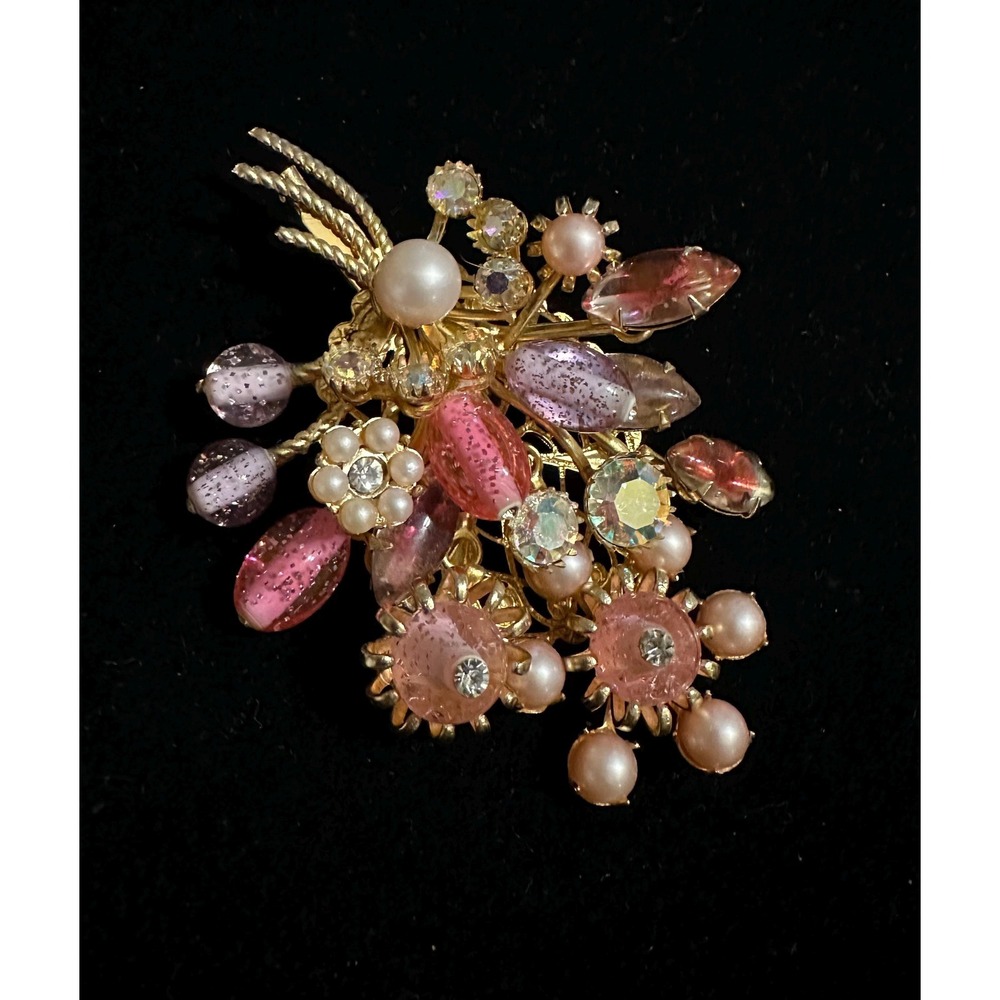 Vintage Floral Spray Brooch Pink Purple Art Glass Beads Pearls